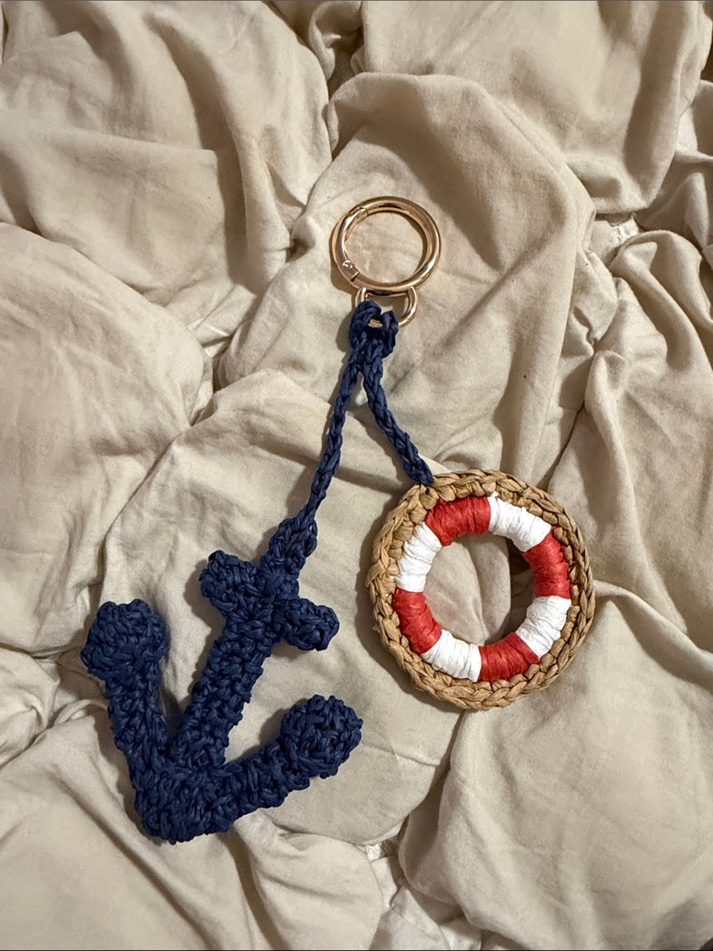 Free People Blue Crochet Anchor and Life Preserver Coastal Bag Charm Keychain